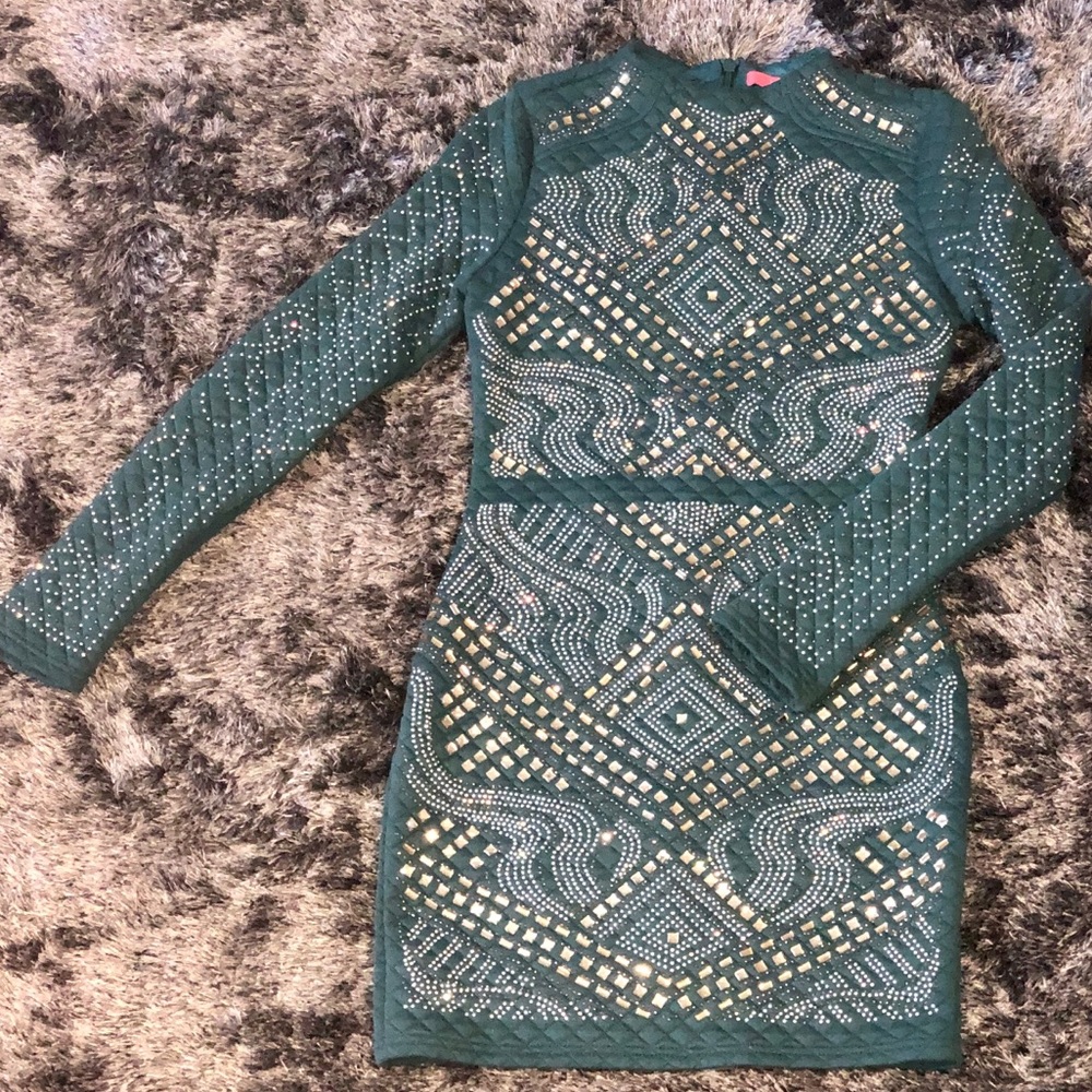 Studded Green Quilted Long Sleeve Dress